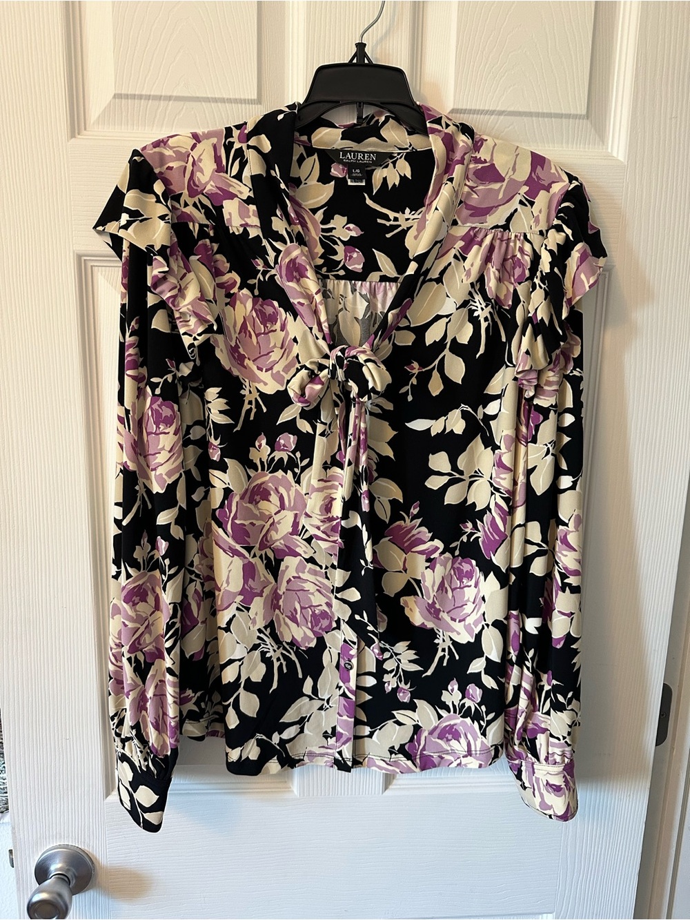 Ralph Lauren Black Floral Tie-Neck Blouse with Purple & Cream Roses